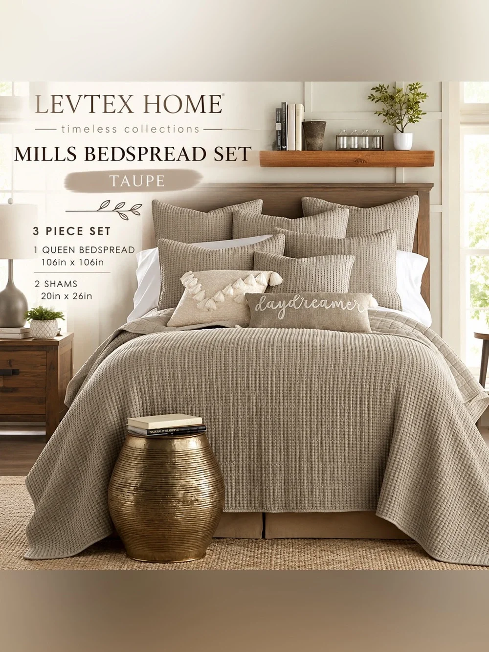 Levtex Home Mills Waffle Taupe Queen Bedspread Set 3 Pc 106x106